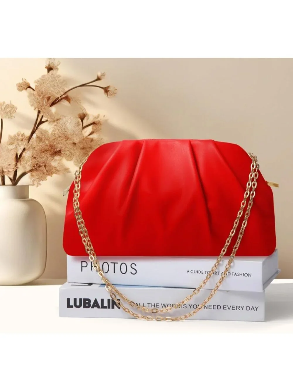 👜 Women's Red Soft Pleated PU Wedding Clutch Elegant Evening Clutch Purse